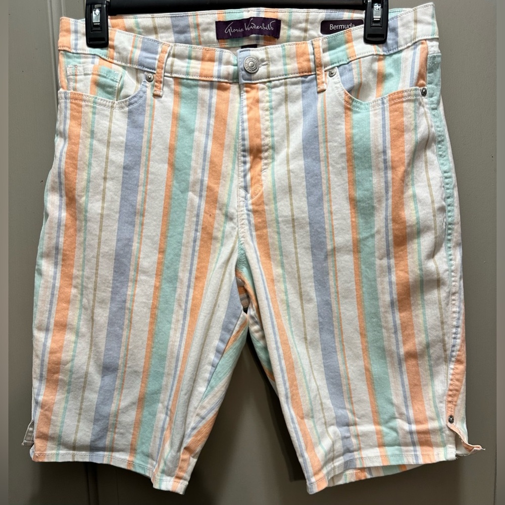 Gloria Vanderbilt Striped Bermuda Shorts in White, Peach, Mint & Light Blue
